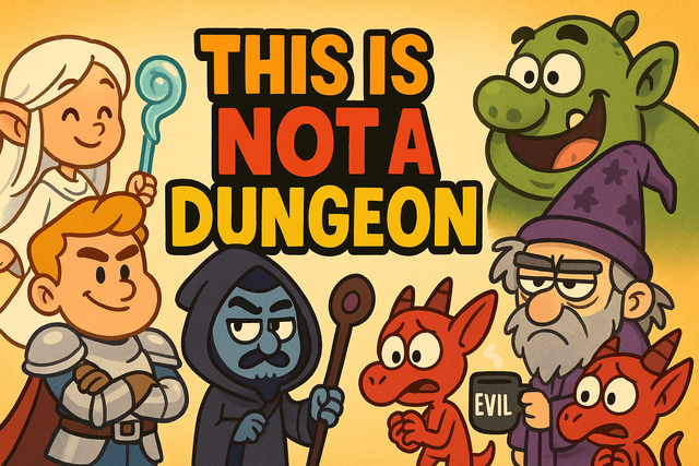 This Is Not A Dungeon - Promotional artwork showing grumpy wizard, quirky heroes, and minions